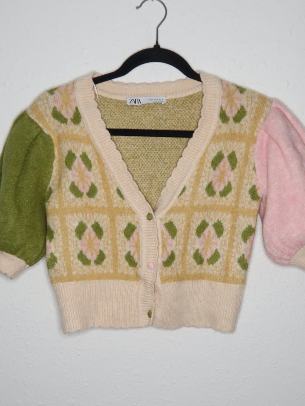 Zara Pink Green Floral Knit Jacquard Cardigan Crop Top